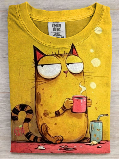 Cat With Coffee Art Print Casaul Short Sleeve T-shirt