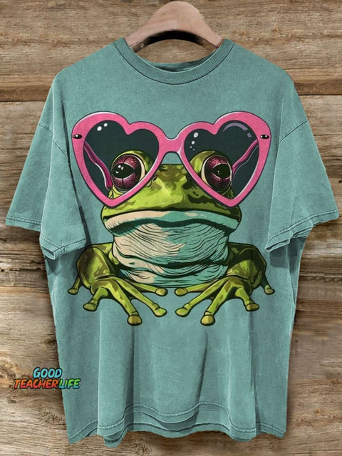 Cute Frog With Heart Glasses Art Casaul Short Sleeve T-shirt