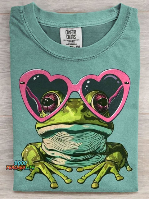 Cute Frog With Heart Glasses Art Casaul Short Sleeve T-shirt