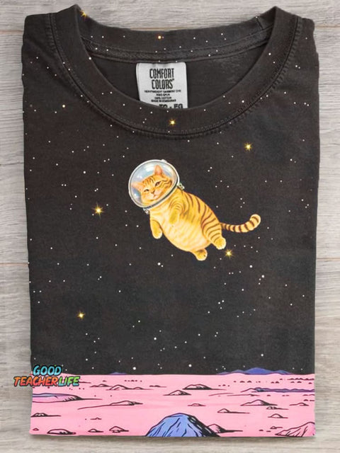 Cat Traveling in Space Art Print Casaul Short Sleeve T-shirt