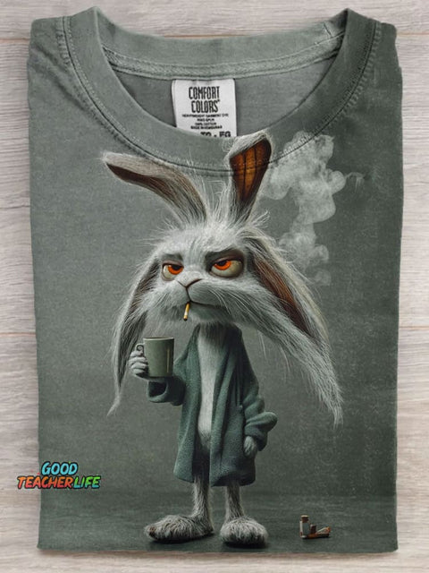 Funny Smoking Rabbit Art Print Casaul Short Sleeve T-shirt