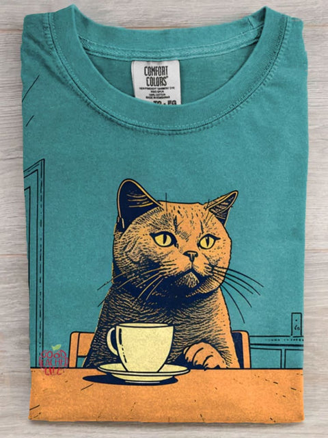 British Short Hair Cat Chilling with Coffee Art Print Casaul Short Sleeve T-shirt