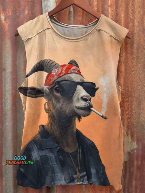 Cool Smoking Goat Art Print 100% Cotton Casual Tank Top