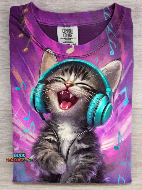 Cute Kitten with Headphones Art Casaul Short Sleeve T-shirt