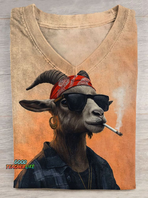 Cool Smoking Goat Art Print V-neck Casual T-Shirt