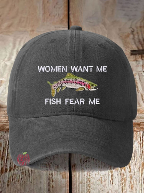 Women Want me, Fish Fear Me Print Hats