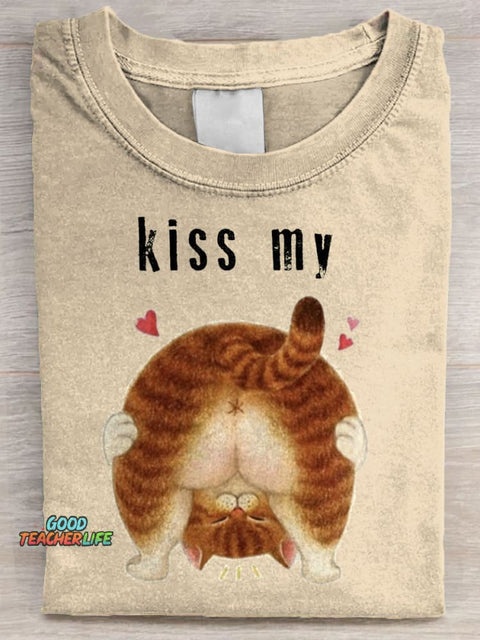 Kiss My Funny Cat Art Print Casual Short Sleeve T-shirt