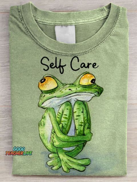 Self Care Cute Frog Art Print Casual Short Sleeve T-shirt