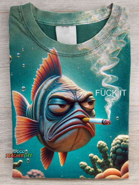 Smoking Fish Fuck It Art Print Casual Short Sleeve T-shirt