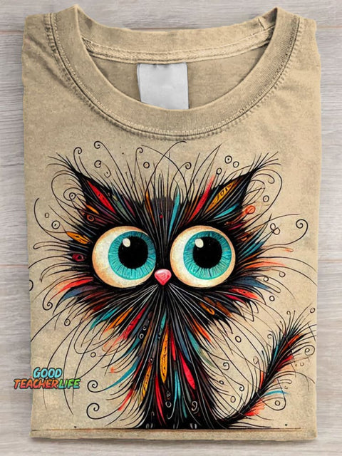 Cute Cat Art Print Casual Short Sleeve T-shirt