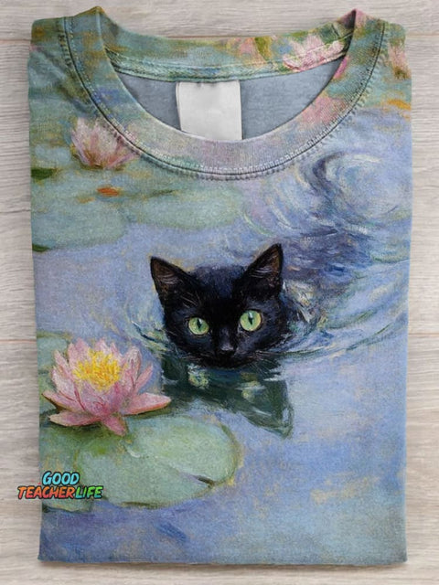 Cute Black Cat Swimming Art Print Casual Short Sleeve T-shirt