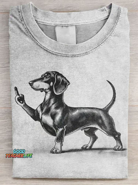 Rude Black Dachshund Dog Funny Art Print Casual Short Sleeve T-shirt