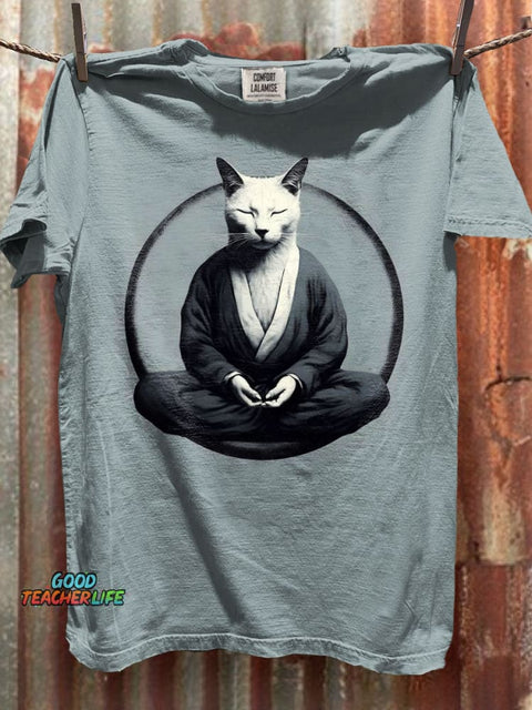 Meditation Cat Art Print Casaul Short Sleeve T-shirt