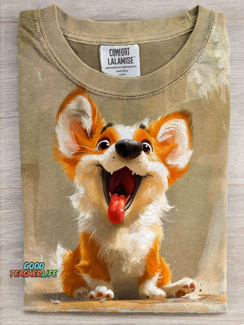 Cute Corgi Art Print Casaul Short Sleeve T-shirt