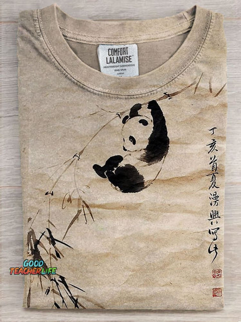 Cute Panda Art Print Casual Short Sleeve T-shirt