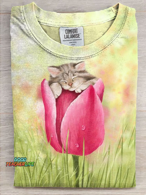 Cute Kitty Art Print Casaul Short Sleeve T-shirt