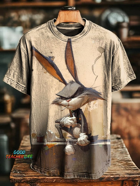 Smoking Rabbite With Alcohol Funny Art Print Casaul Short Sleeve T-shirt