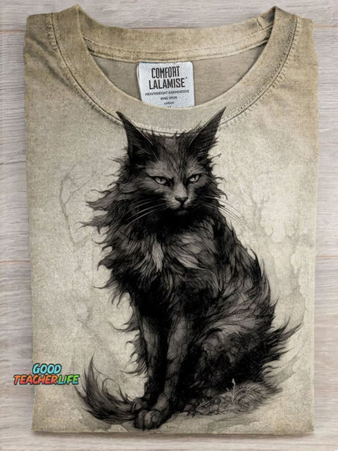Black Cat Art Print Casual Short Sleeve T-shirt