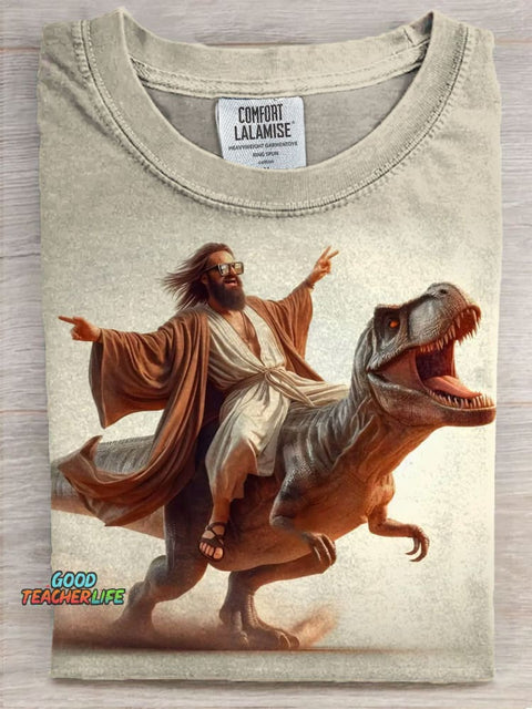 Jesus Christ on a Dinosaur Christian  Art Print Casual Short Sleeve T-shirt