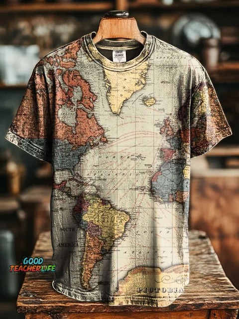 Retro Map Art Print Casaul Short Sleeve T-shirt