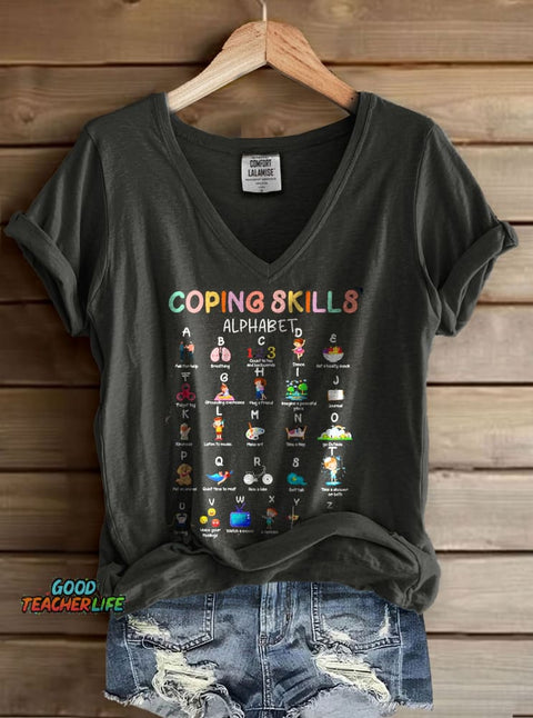 Coping Skills Alphabet Print V-neck Casual T-Shirt