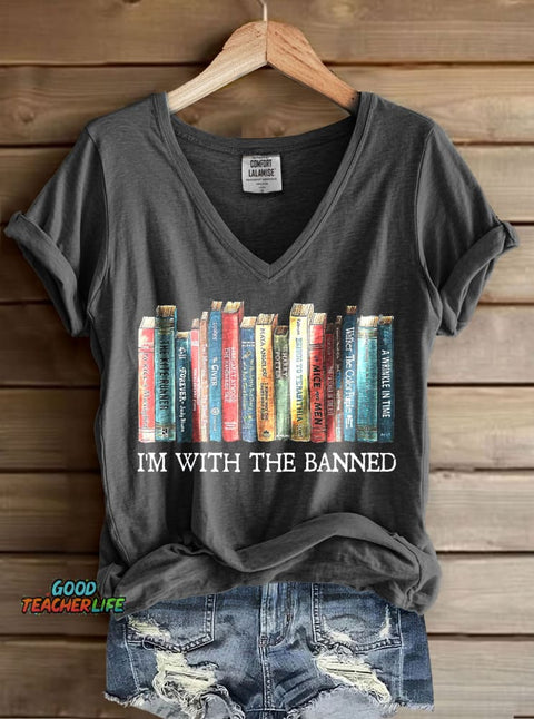 I'm With The Banned Print V-neck Casual T-Shirt