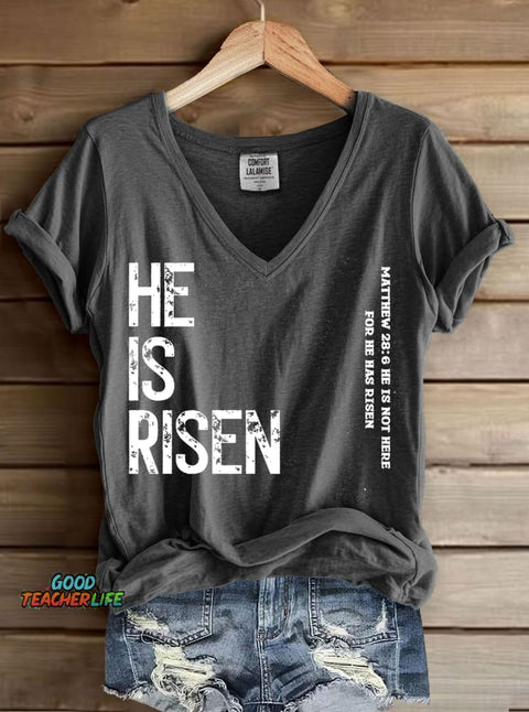 He Is Risen Print V-neck Casual T-Shirt