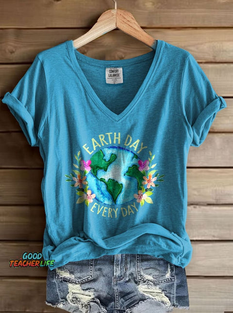 Earth Day Everyday Print V-neck Casual T-Shirt