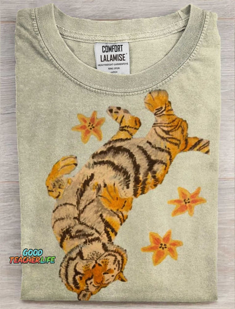 Lazy Tiger Art Print Casaul Short Sleeve T-shirt