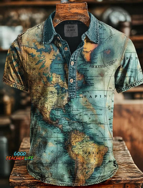 Retro Map Art Print Causal Short Sleeve Polo T-shirt