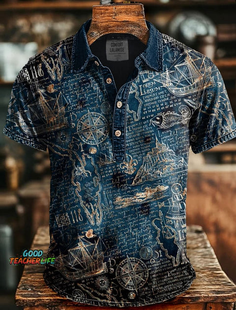 Retro Art Print Causal Short Sleeve Polo T-shirt
