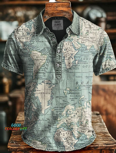 Soft Blue Map Art Print Casual Stylish Short Sleeve Polo Shirt