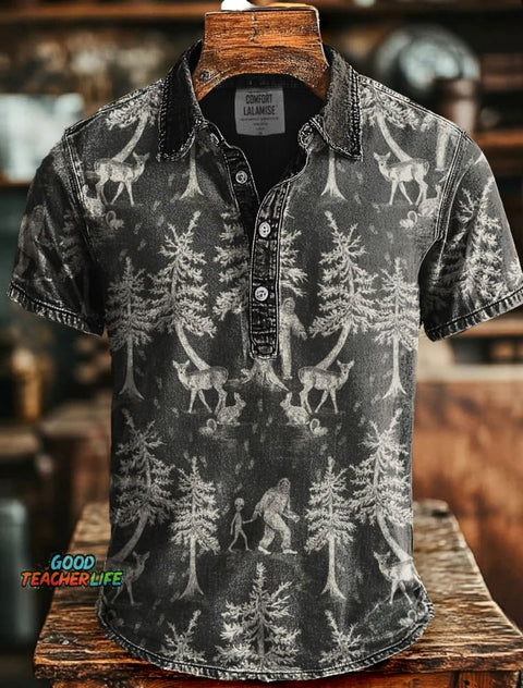Gray Bigfoot With Friends Art Print Casual Stylish Short Sleeve Polo Shirt