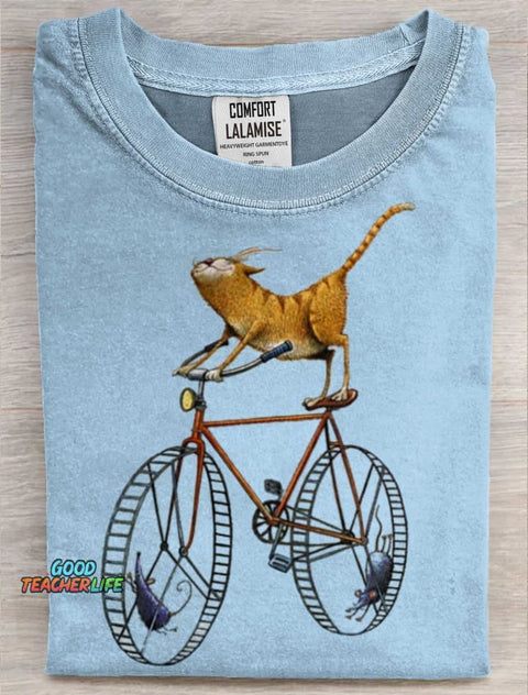 Cute Cat Ride Art Print Casaul Short Sleeve T-shirt