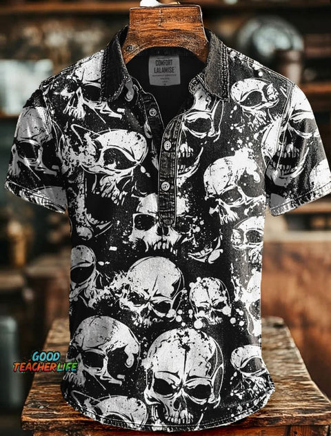 Skull Art Print Casaul Short SLeeve Polo Shirt
