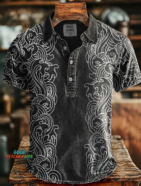 Wave Art Print Casaul Short SLeeve Polo Shirt