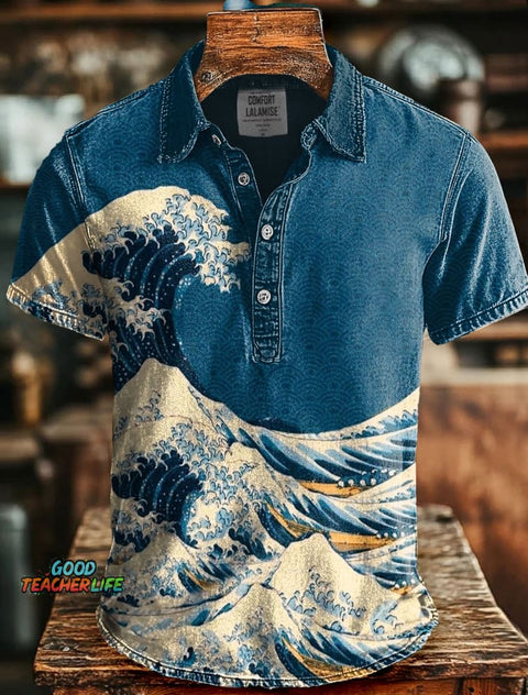 Ocean Wave Retro Japanese Art Print Casaul Short SLeeve Polo Shirt