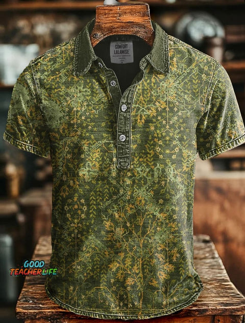 Moss Green Art Print Casaul Short SLeeve Polo Shirt