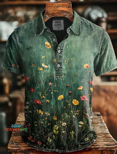 Wild Flower Art Print Casaul Short SLeeve Polo Shirt