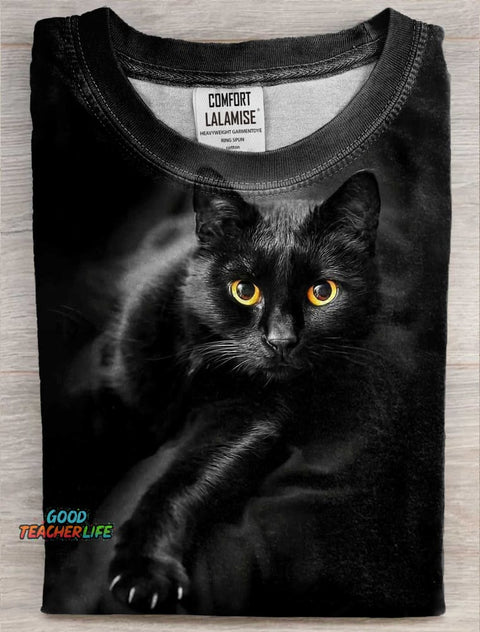 Black Cat Art Print Casaul Short Sleeve  T-shirt