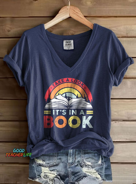 Take a Look it's in a Book Print V-neck Casual T-Shirt