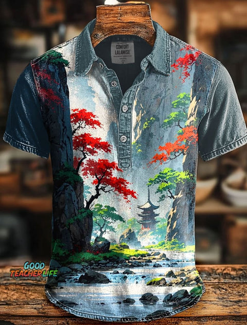 Japanese Art Print Casaul Short SLeeve Polo Shirt