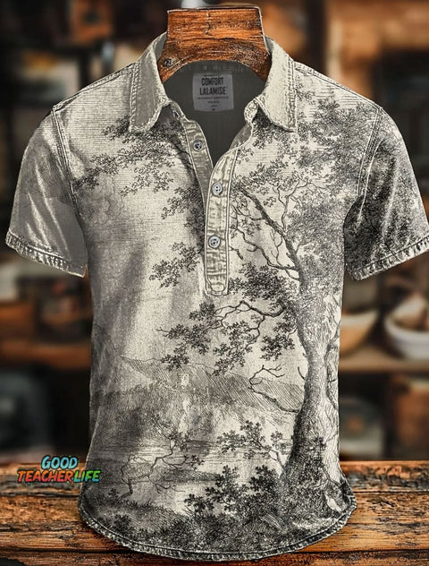 Nature Tree Art Print Casaul Short SLeeve Polo Shirt