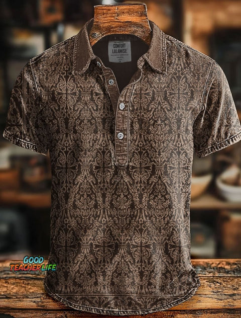 Retro Ethnic Art Print Casaul Short SLeeve Polo Shirt