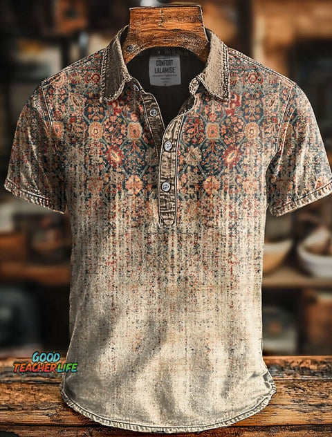 Retro Ethnic Gradient Art Print Casaul Short SLeeve Polo Shirt