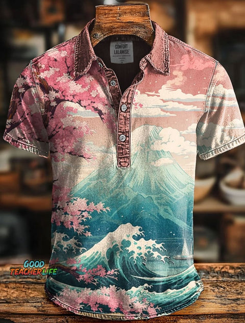 Retro Japanese Art Print Casaul Short SLeeve Polo Shirt