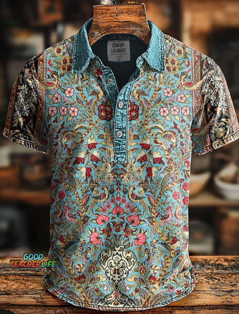 Retro Ethnic Floral Art Print Casaul Short SLeeve Polo Shirt