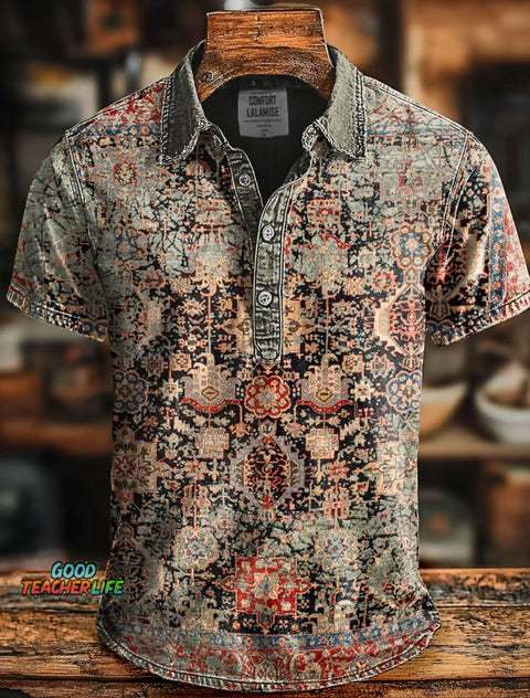 Retro Ethnic  Art Print Casaul Short SLeeve Polo Shirt