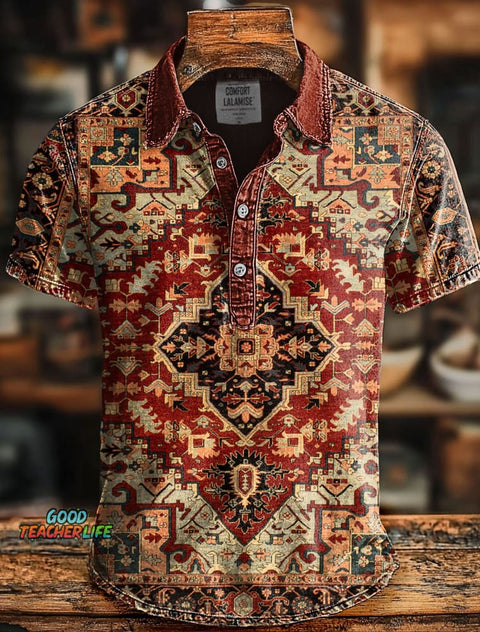 Retro Ethnic Art Print Casaul Short SLeeve Polo Shirt