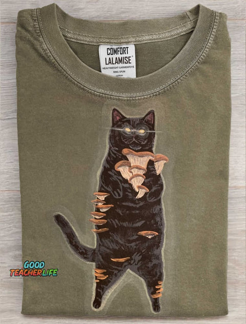 Funny Mushroom Cat Art Print Casual Short Sleeve T-shirt